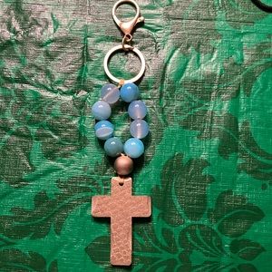 KEYCHAIN with large lobster clasp to clip on purse strap, has wooden cross $8